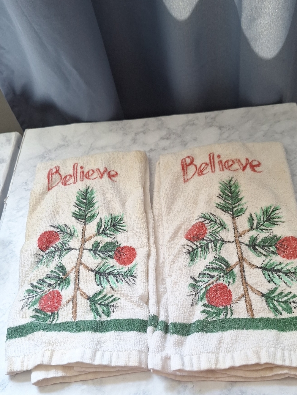 Believe Holiday Decorative Kitchen Towels - Cream with Red and Green